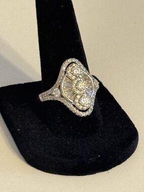 Sterling Silver CZ Halo Statement Ring Size 8 Vintage Style Pave Band
